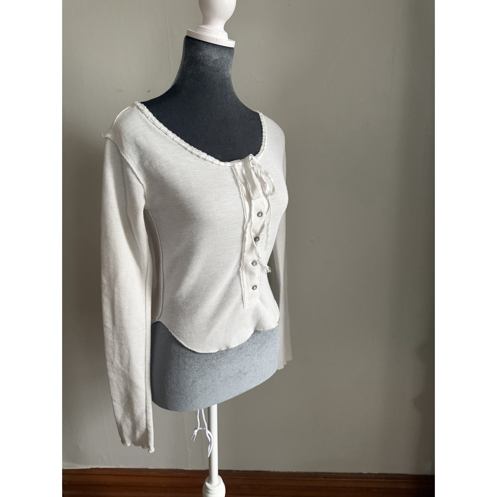 Free People Corset‎ Milkmaid White Lace Trim Henley Baby Doll Top Shirt Boho S